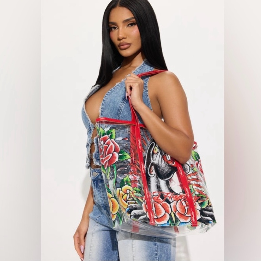 Ed Hardy Transpaent Red/black Floral Panther Tote Bag & Card Holder, LG, NWOT - Picture 3 of 3